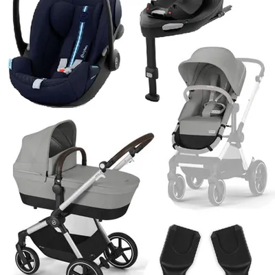 Cybex Eos Lux Wózek Głęboko-Spacerowy Rama Silver Stone Grey + Cybex Cloud G I - Size Fotelik Samochodowy Ocean Blue Plus + Adaptery + Baza