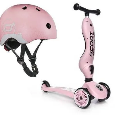 Scootandride Highwaykick 1 Jeździk i Hulajnoga 2w1 1-5 lat Rose + Kask z Odblaskami XXS-S dla Dzieci 1-5 Lat Rose Cat