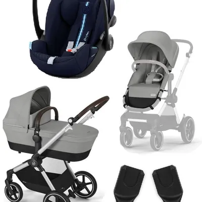 Cybex Eos Lux Wózek Głęboko-Spacerowy Rama Silver Stone Grey + Cybex Cloud G I - Size Fotelik Samochodowy Ocean Blue Plus + Adaptery