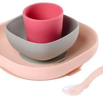 Beaba Komplet Naczyń z Silikonu z Przyssawką Pink