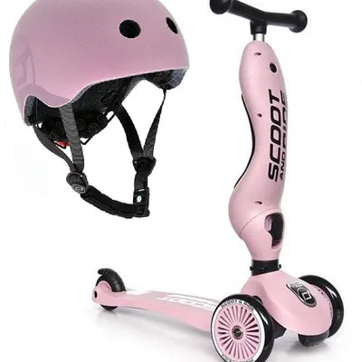 Scootandride Highwaykick 1 Jeździk i Hulajnoga 2w1 1-5 lat + Scootandride Kask Dla Dzieci S-M Rose