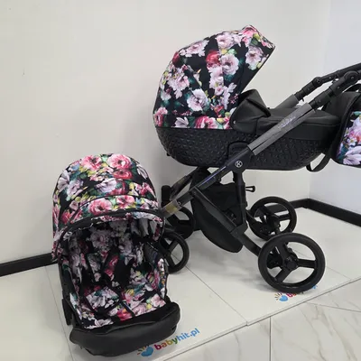 [OUTLET] Kunert Tiaro Wózek Głęboko-Spacerowy 2w1 Czarny + Kwiaty Czarna Rama Koła Żelowe