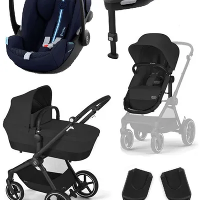 Cybex Eos Lux Wózek Głęboko-Spacerowy Rama Czarna Moon Black + Cybex Cloud G I - Size Fotelik Samochodowy Ocean Blue Plus + Adaptery + Baza