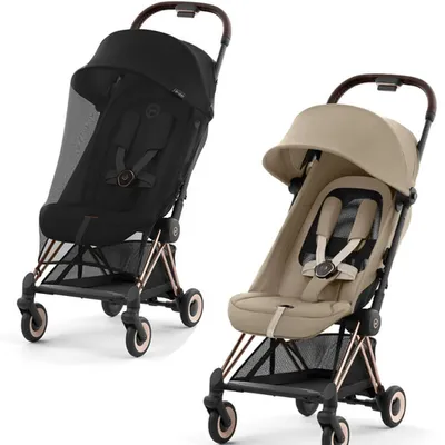 Cybex Coya Wózek Spacerowy Rama Rosegold Black Cozy Beige + Cybex Coya Moskitiera Black