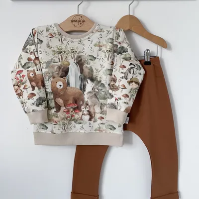 Zestaw dresowy spodnie karmel+ bluza z panelem - Jesienny gaj