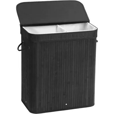 Czarny kosz na pranie | Bambusowy pojemnik na zabawki | Drewniany kosz na ubrania | Dwukomorowy kosz na bieliznę do łazienki | RYL-100L-BLACK
