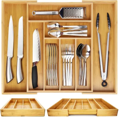 Organizer na sztućce | Bambusowy, regulowany wkład XL do szuflady z 8 przegródkami | KBT-G844
