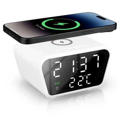 Inteligentny budzik z ładowarką bezprzewodową Qi 15W | Budzik z trzema alarmami | Zegarek z wyświetlaczem temperatury | SZ01-15W-W