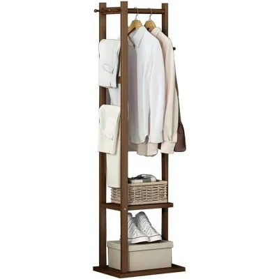 Wieszak na ubrania z półkami | ciemny bambus | BYY-505-RW