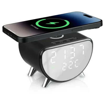 Inteligentny budzik LED z ładowarką Qi 15W, termometrem i 3 alarmami | Zegarek USB do sypialni | SZ07-15W-BR