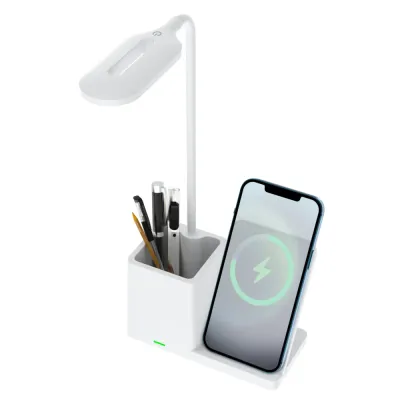 Inteligentna lampka biurkowa LED z ładowaniem bezprzewodowym Qi | Lampka biurowa 3w1 z przybornikiem i ładowarką | Nowoczesna lampka do nauki z organ
