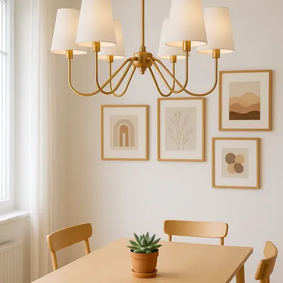 Lampa sufitowa SAVOY mosiężna z 6 abażurami – elegancki żyrandol do salonu, jadalni i wnętrz klasycznych