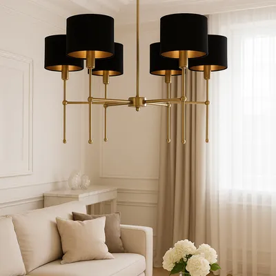 GLAMORO Ekskluzywna lampa sufitowa z mosiądzu - 6płomienna – złoto i czerń w stylu glamour
