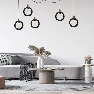 Nowoczesna lampa sufitowa RING wisząca 5-punktowa – industrialny design, loft, czarna z akcentami starego złota