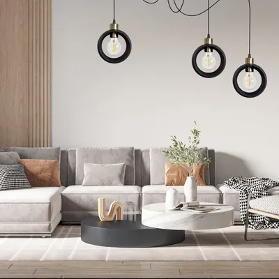 Nowoczesna lampa sufitowa RING wisząca 3-punktowa – industrialny design, loft, czarna z akcentami starego złota