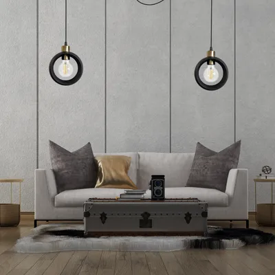 Nowoczesna lampa sufitowa RING wisząca 2-punktowa – industrialny design, loft, czarna z akcentami starego złota