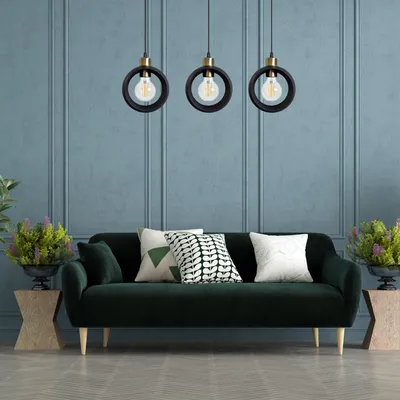 Nowoczesna lampa sufitowa RING wisząca 3-punktowa – industrialny design, loft, czarna z akcentami starego złota
