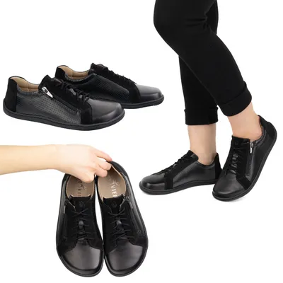 Damskie minimalistyczne buty skórzane barefoot model perforowane 1243 czarne