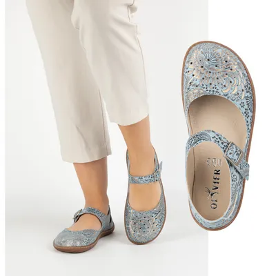 Damskie buty barefoot ze skóry naturalnej z printem 1284 błękitne