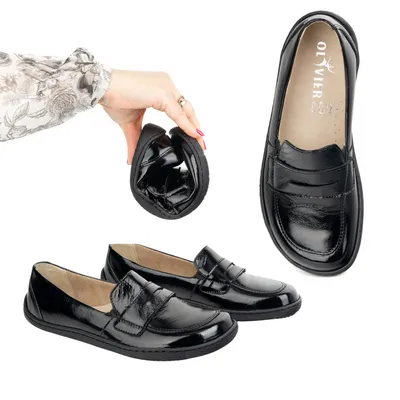 BAREFOOT Eleganckie Damskie minimalistyczne mokasyny skórzane 1280 czarny lakier