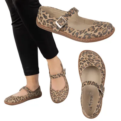 Baleriny barefoot damskie Olivier 1286 – skórzane buty z klamerką do codziennych i eleganckich stylizacji panterka