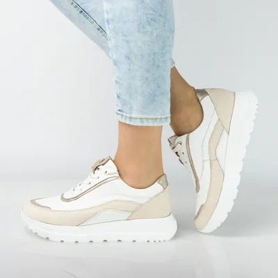 Skórzane półbuty damskie sneakersy Pollonus biały+złoty 5-1721-001