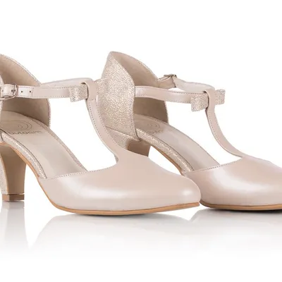 Buty ślubne NELA Ekskluzywne skórzane niskie szpilki PERŁA beż