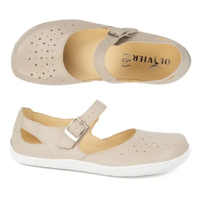 Baleriny ażurowe barefoot damskie Olivier 1284 – skórzane buty z klamerką do codziennych i eleganckich stylizacji beżowe