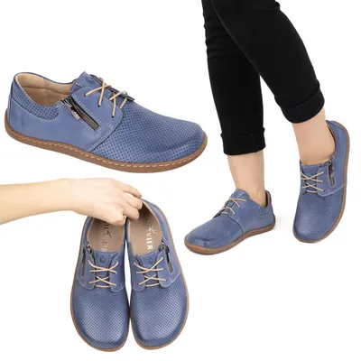 Damskie skórzane buty minimalistyczne barefoot 1244 perforowane granatowe