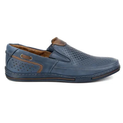 Buty męskie skórzane 09 na lato Granatowe z brązem