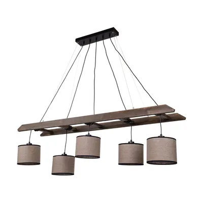 Lampa wisząca eskalo 5xe27 maks. 25w barwiona sosna na orzechu/czarny metal/czarny kabel pvc/naturalny len z czarnym kloszem wstążkowym 7739556