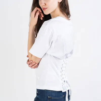PINKO T-shirt biały z wiązaniem gorsetowym na plecach Tatami