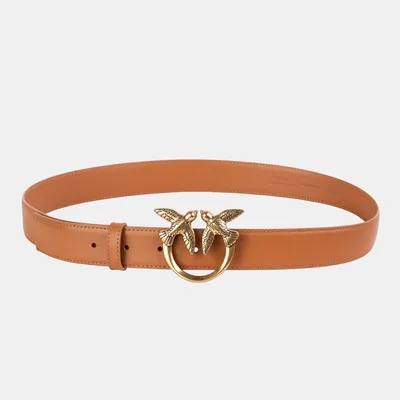 PINKO Pasek brązowy ze złotą klamrą Love Berry H3 Belt Vitello Set