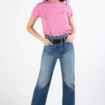 PINKO T-shirt różowy z nadrukiem logo TREVIGLIO 1