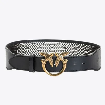 PINKO Pasek z złotą klamrą wygrawerowany z tyłu czarny LOVE MONOGRAM BELT H6 PELLE LA