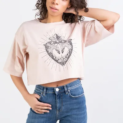 PINKO T-shirt różowy crop top z nadrukiem Jersey Heart A