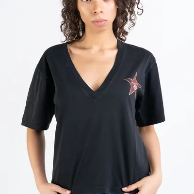 PINKO T-shirt czarny z dekoltem w serek i gwiazdą logo Mitico