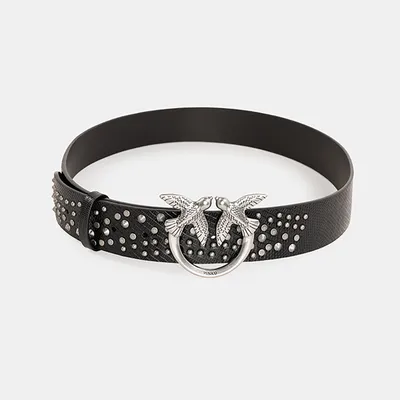 PINKO Pasek z srebrną klamrą i jetami czarny LOVE SWEET PUNKY BELT H4