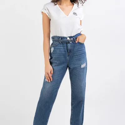 PINKO Jeansy niebieskie z paskiem Flexi Maddie Mom