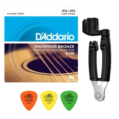 Zestaw D'Addario EJ16 struny do gitary akustycznej 12-53 z korbką i kostkami