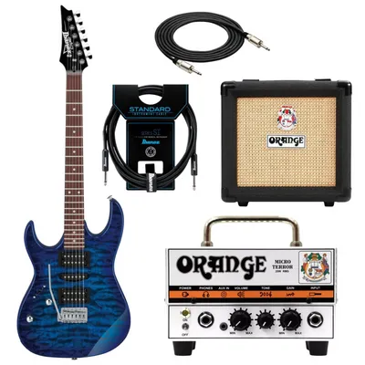 Zestaw gitara elektryczna leworęczna Ibanez GRX70QAL-TBB z kolumną i wzmacniaczem Orange