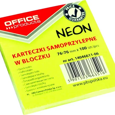 Bloczek Samoprzylepny 76x76 Żółty Neon /Office Products