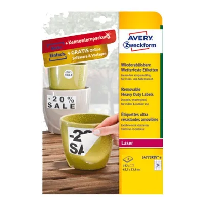 Usuwalne Etykiety Poliestrowe Avery 63.5x33.9 24/A4 A'8 Białe No.L4773REV-8