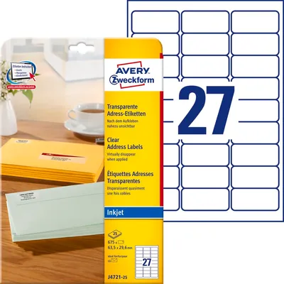 Samoprzylepne etykiety adresowe Avery 63.5x29.6 27/A4 A'25 przezroczyste No.J4721-25