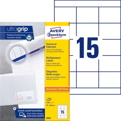 Etykiety Samoprzylepne Avery 70x50.8 15/A4 A'100 Białe No.3669