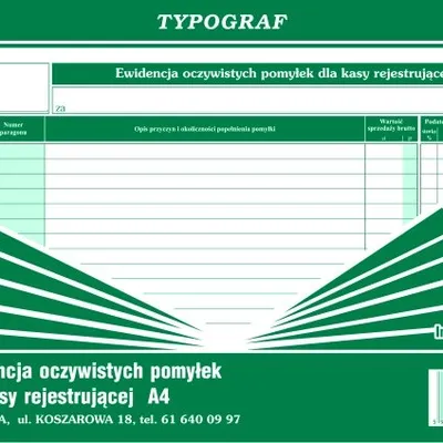 Ewidencja Pomyłek Dla Kasy Rejestrującej A4 Offset 02289 /Typograf