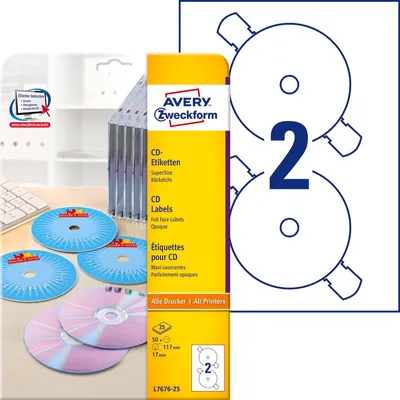 Etykiety Samop. Avery na CD 2/A4 A'25 Inkjet/Laser Białe Mat No.L7676-25