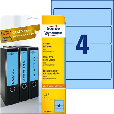 Etykiety do segregatora Avery 192x61 4/A4 A'20 Niebieskie No.L4767-20