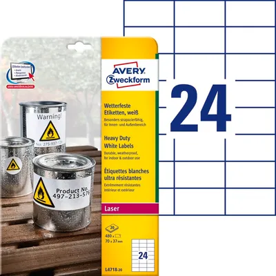 Etykiety Poliestrowe Wodoodporne Avery 70x37mm 24/A4 A'20 Białe No.L4718-20