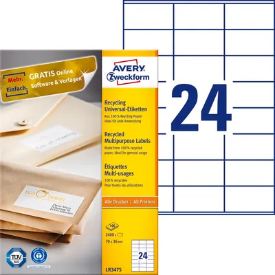 Etykiety Samoprzylepne Recyklingowane Avery 70x36 24/A4 A'100 Białe No.LR3475